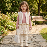 G11460TOD: Girls Borg Gilet, Top, Crepe Skirt & Handbag Outfit (2-4 Years)