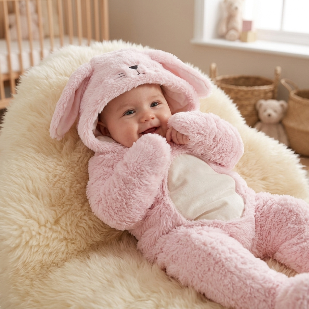 G11490: Baby Faux Fur Cotton Lined Bunny Pramsuit With Mitts (NB-6 Months) G11490: Baby Faux Fur Cotton Lined Bunny Pramsuit With Mitts (NB-6 Months)
