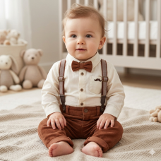 G11526INF: Baby Boys Bodysuit Shirt With Corduroy Bow Tie & Pant With Braces Outfit (12-24 Months)