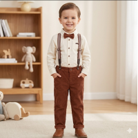 G11526TOD: Boys Shirt With Corduroy Bow Tie & Pant With Braces Outfit (2-4 Years)
