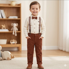 G11526TOD: Boys Shirt With Corduroy Bow Tie & Pant With Braces Outfit (2-4 Years)