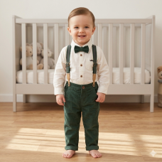G11527TOD: Boys Shirt With Corduroy Bow Tie & Pant With Braces Outfit (2-4 Years)