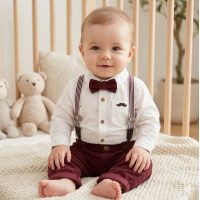 G11528INF: Baby Boys Bodysuit Shirt With Corduroy Bow Tie & Pant With Braces Outfit (12-24 Months)