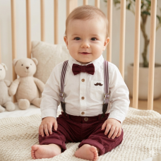 G11528INF: Baby Boys Bodysuit Shirt With Corduroy Bow Tie & Pant With Braces Outfit (12-24 Months)