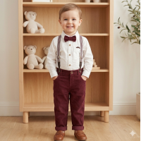G11528TOD: Boys Shirt With Corduroy Bow Tie & Pant With Braces Outfit (2-4 Years)