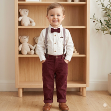 G11528TOD: Boys Shirt With Corduroy Bow Tie & Pant With Braces Outfit (2-4 Years)