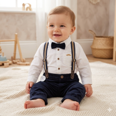 G11530INF: Baby Boys Bodysuit Shirt With Corduroy Bow Tie & Pant With Braces Outfit (12-24 Months)