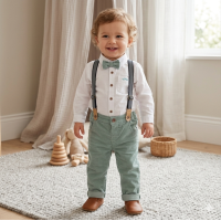 G11531INF: Baby Boys Bodysuit Shirt With Corduroy Bow Tie & Pant With Braces Outfit (12-24 Months)