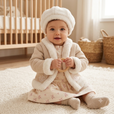 G11538INF: Baby Girls Shearling & Borg Jacket &  Borg Beret With Crepe Jersey Dress (12-24 Months)