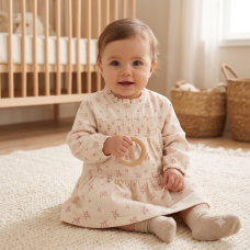 G11538INF: Baby Girls Shearling & Borg Jacket &  Borg Beret With Crepe Jersey Dress (12-24 Months)