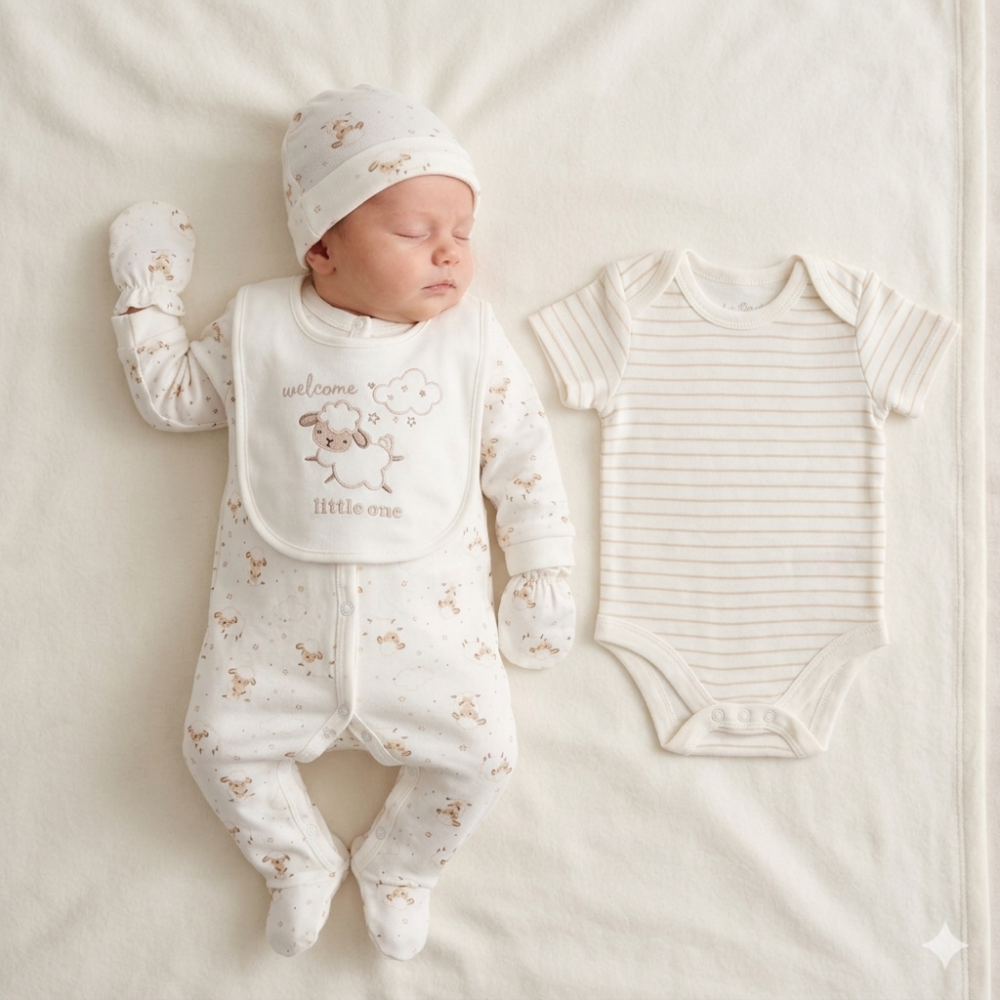 G12575NB: Baby Unisex Sheep 6 Piece Mesh Bag Gift Set (NB-6 Months) G12575NB: Baby Unisex Sheep 6 Piece Mesh Bag Gift Set (NB-6 Months)