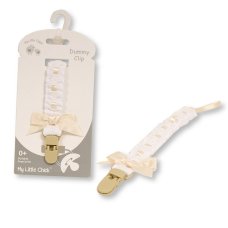 GP-25-1124TP: Baby Dummy Clip With Lace Band & Bow-Taupe (0+ Months)