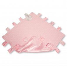 GP-25-1173P: Knitted Baby Comforter with Tags and Satin Reverse- Pink
