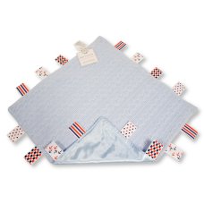 GP-25-1173S: Knitted Baby Comforter with Tags and Satin Reverse- Sky