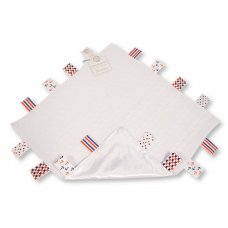 GP-25-1173WB: Knitted Baby Comforter with Tags and Satin Reverse- White/ Boys