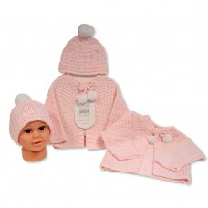GP-25-1220P: BABY KNITTED CHUNKY CARDIGAN & HAT SET- PINK (0-12 Months)