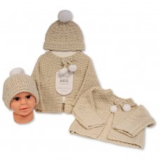 GP-25-1220T: BABY KNITTED CHUNKY CARDIGAN & HAT SET- Taupe (0-12 Months)