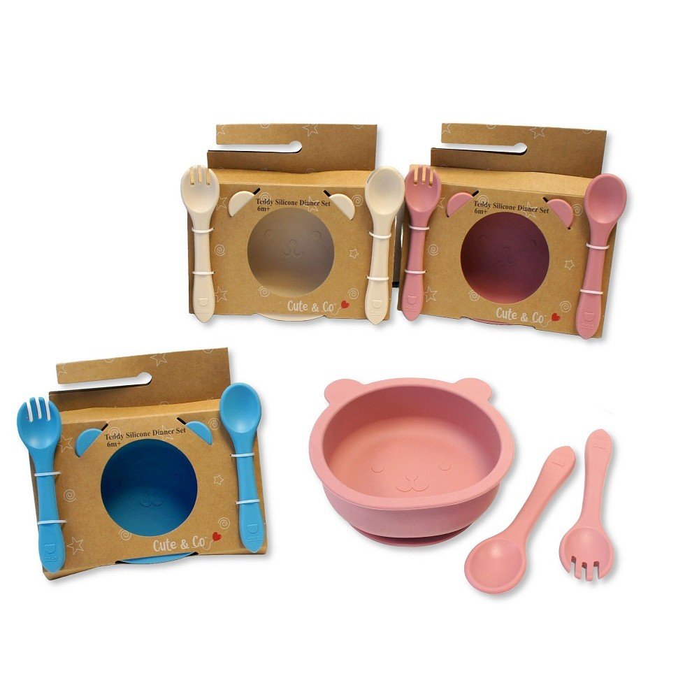 GP-25-1309: Baby Silicone Bowl, Fork and Spoon Set - Teddy GP-25-1309: Baby Silicone Bowl, Fork and Spoon Set - Teddy