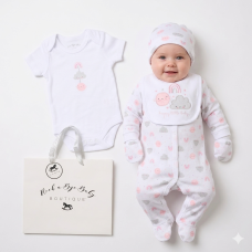 H12759NB: Baby Girls Happy Little Baby 6 Piece Mesh Bag Gift Set (NB-6 Months)