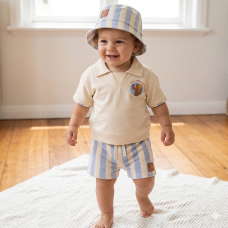 H12875INF: Baby Boys Polo Top, Shorts & Bucket Hat Outfit (9-24 Months)