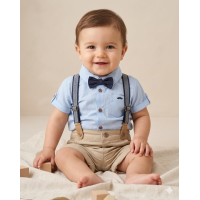 H12884: Baby Boys Bodysuit Shirt With Bow Tie & Shorts With Braces Outfit (9-24 Months)