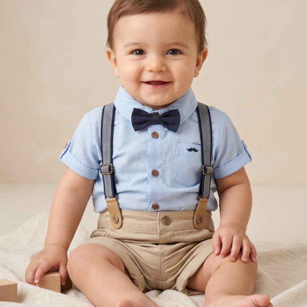 H12884: Baby Boys Bodysuit Shirt With Bow Tie & Shorts With Braces Outfit (9-24 Months) H12884: Baby Boys Bodysuit Shirt With Bow Tie & Shorts With Braces Outfit (9-24 Months)