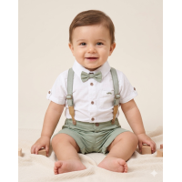 H12890: Baby Boys Bodysuit Shirt With Bow Tie & Shorts With Braces Outfit (9-24 Months)