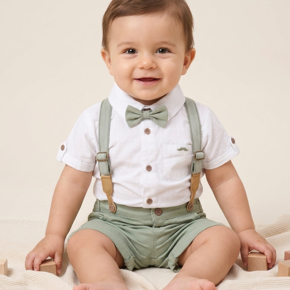 H12890: Baby Boys Bodysuit Shirt With Bow Tie & Shorts With Braces Outfit (9-24 Months) H12890: Baby Boys Bodysuit Shirt With Bow Tie & Shorts With Braces Outfit (9-24 Months)