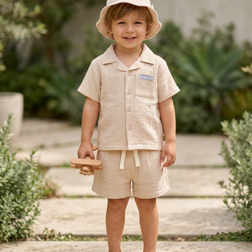 H12910TOD: Boys Woven Fabric Shirt, Short & Bucket Hat Set (2-4 Years) H12910TOD: Boys Woven Fabric Shirt, Short & Bucket Hat Set (2-4 Years)