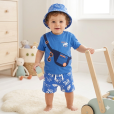 H12925INF: Baby Boys Printed Bag With Functional Pocket T-Shirt, Shorts & Bucket Hat Outfit (9-24 Months)