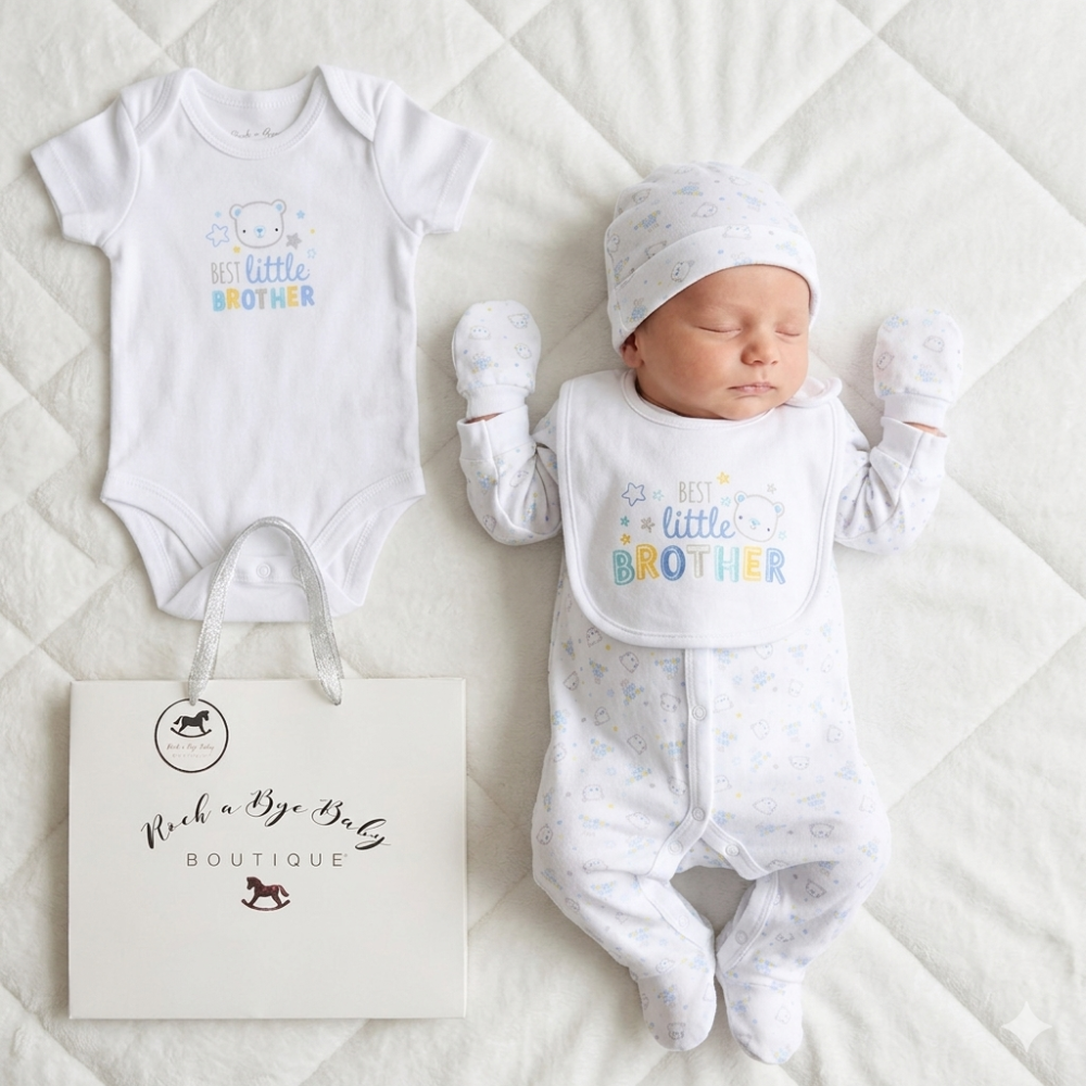 H13294NB: Baby Boys 6 Piece Mesh Bag Gift Set- Best Little Brother (NB-6 Months) H13294NB: Baby Boys 6 Piece Mesh Bag Gift Set- Best Little Brother (NB-6 Months)