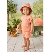 H13637INF: Baby Girls 3D Peach Applique T-Shirt, Shorts & Bucket Hat Outfit (9-24 Months)