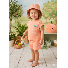 H13637INF: Baby Girls 3D Peach Applique T-Shirt, Shorts & Bucket Hat Outfit (9-24 Months)