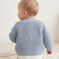 H13664NB: Baby Blue Cotton Knit Cardigan With Embroidery Detail- Hello (0-12 Months)