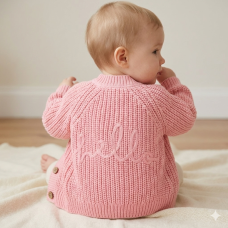 H13665NB: Baby Pink Cotton Knit Cardigan With Embroidery Detail- Hello (0-12 Months)