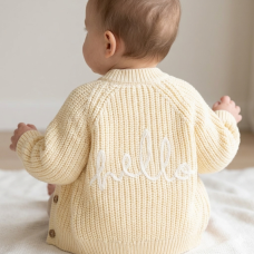 H13666NB: Baby Lemon Cotton Knit Cardigan With Embroidery Detail- Hello (0-12 Months)