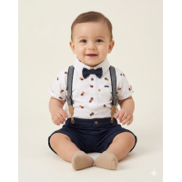 H13840: Baby Boys Bodysuit Shirt With Bow Tie & Shorts With Braces Outfit (9-24 Months)