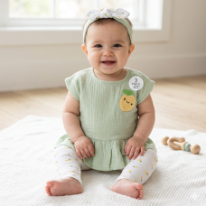 H13891INF: Baby Girls Lemon Crochet Applique Top, Leggings & Headband Outfit (9-18 Months)
