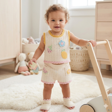 H13967INF: Baby Girls Fruit Crochet Applique True Knit Top & Shorts Outfit (9-24 Months)