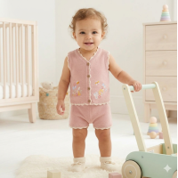 H14084NF: Baby Girls Floral Embroidery True Knit Vest & Shorts Outfit (9-24 Months)