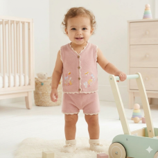 H14084NF: Baby Girls Floral Embroidery True Knit Vest & Shorts Outfit (9-24 Months)