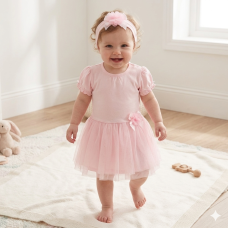 H14261INF: Baby Girls Pink Tutu Dress With Rose Applique & Headband On A Satin Padded Hanger (9-24 Months)