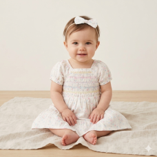 H14290INF: Baby Girls Smocked Dress & Headband Set (12-24 Months)