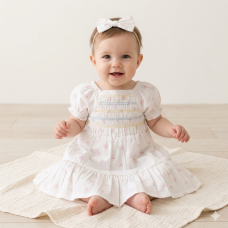 H14293INF: Baby Girls Smocked Dress & Headband Set (12-24 Months)