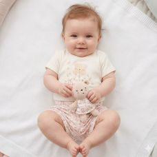 H14298NB: Baby Girls Floral Bear T-Shirt, Shorts & Plush Toy Set (0-9 Months)