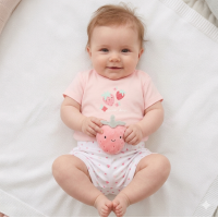 H14299NB: Baby Girls Strawberry T-Shirt, Shorts & Plush Toy Set (0-9 Months)