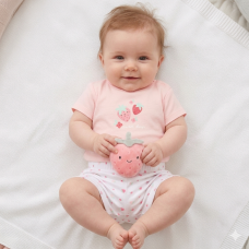 H14299NB: Baby Girls Strawberry T-Shirt, Shorts & Plush Toy Set (0-9 Months)