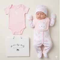 H14431NB: Baby Girls Bunny 6 Piece Mesh Bag Gift Set (NB-6 Months)