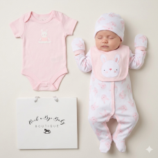 H14431NB: Baby Girls Bunny 6 Piece Mesh Bag Gift Set (NB-6 Months)