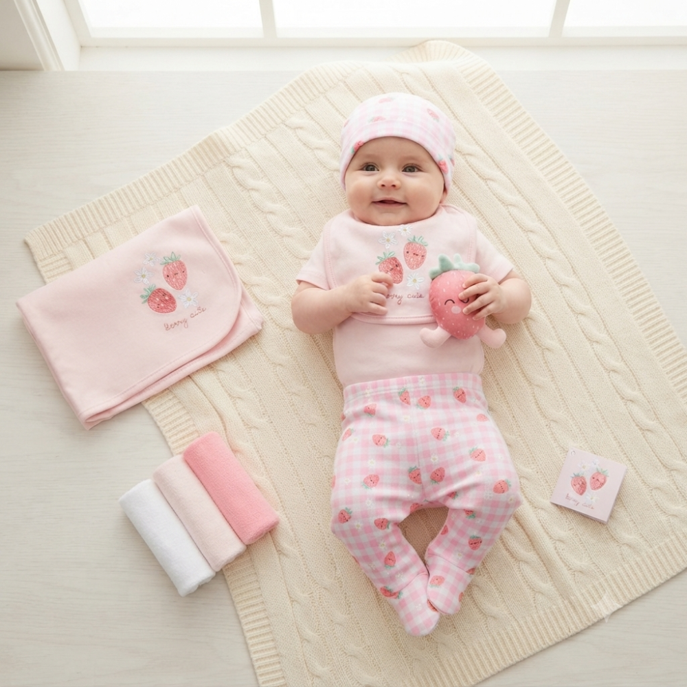 H14869: Baby Girls Strawberry 10 Piece Mesh Bag Gift Set (NB- 6 Months) H14869: Baby Girls Strawberry 10 Piece Mesh Bag Gift Set (NB- 6 Months)